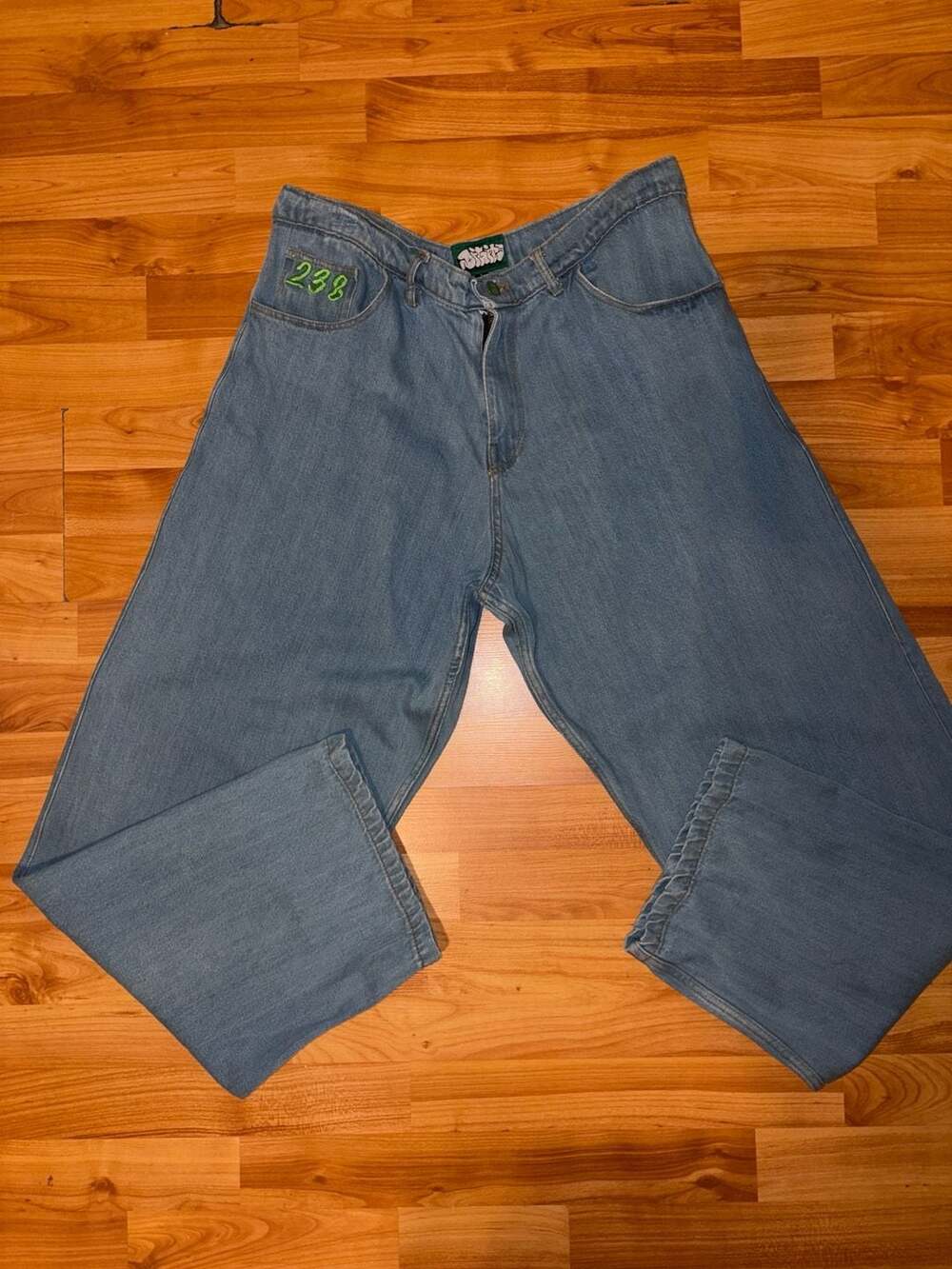 Robo Denim Light Wash Baggy Wide Leg Skate Jeans with Green Embroidery